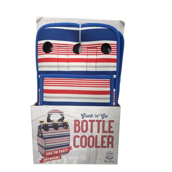 Grab N Go Bottle Cooler Handle 6 Bottles Striped Insulated Red/White/Blue - Picture 1 of 3